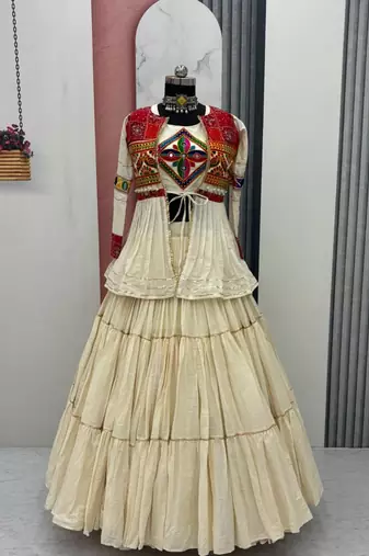 NAVRATRI WEAR WHITE COTTON RIBBON LACE WORK LEHENGA CHOLI KOTI SET FULL STITCHED