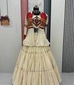 NAVRATRI WEAR WHITE COLOR COTTON RIBBON LACE WORK LEHENGA CHOLI KOTI SET FULL STITCHED.