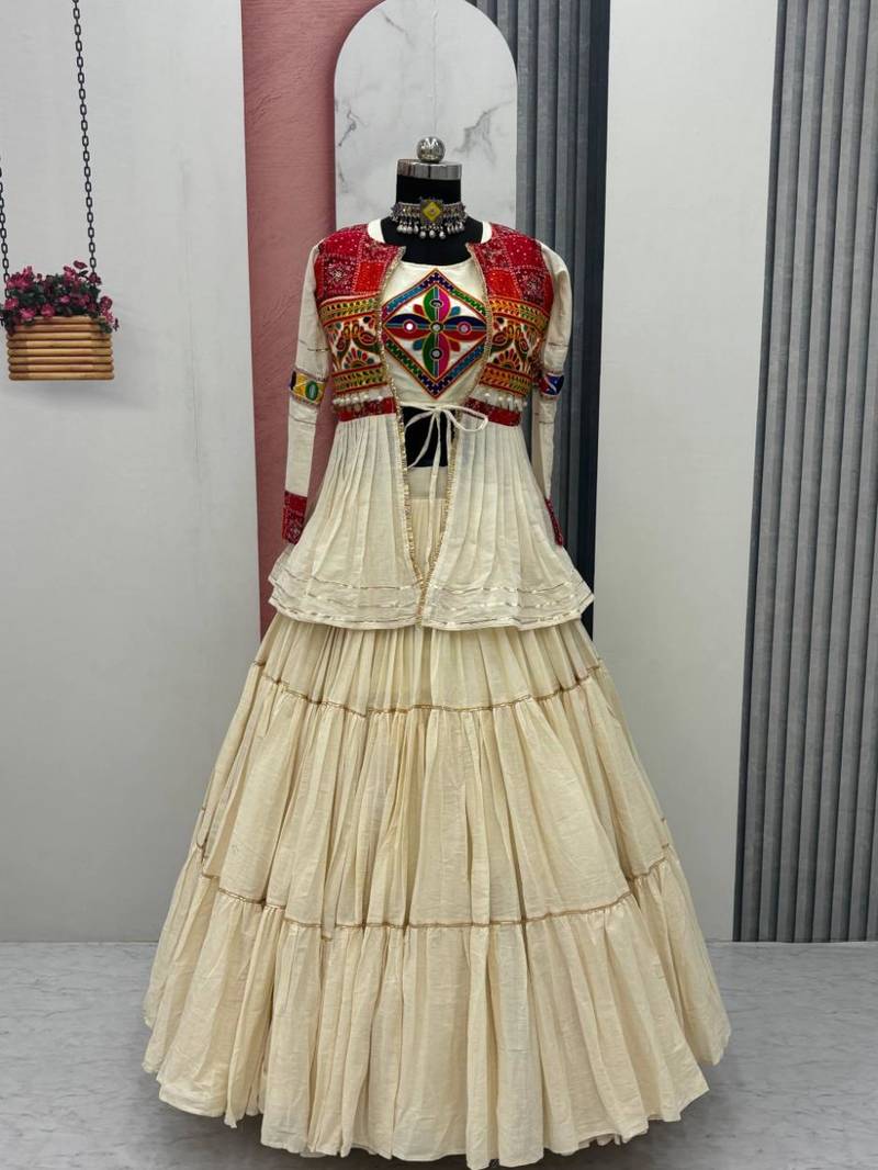 NAVRATRI WEAR WHITE COLOR COTTON RIBBON LACE WORK LEHENGA CHOLI KOTI SET FULL STITCHED.