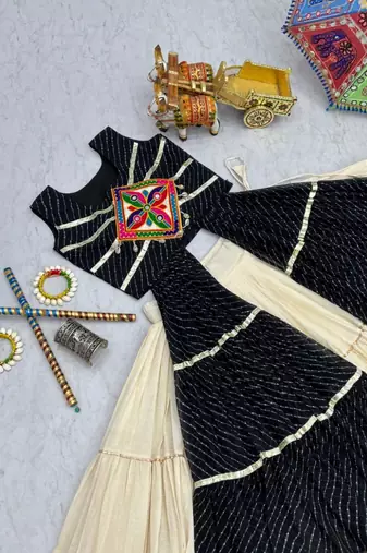 NAVRATRI WEAR BLACK PURE COTTON SOLID -PRINTED LEHENGA SHRUG FULL STITCHED