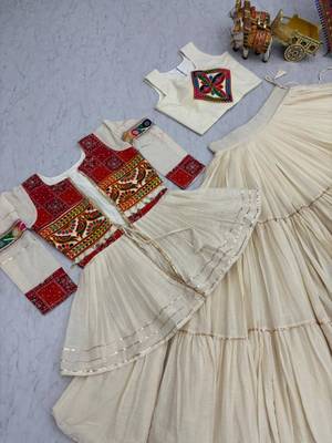 NAVRATRI  WHITE COTTON RIBBON LACE WORK LEHENGA CHOLI KOTI SET FULL STITCHED 2