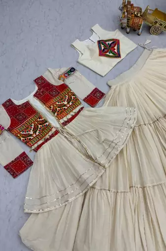 NAVRATRI WEAR WHITE COTTON RIBBON LACE WORK LEHENGA CHOLI KOTI SET FULL STITCHED