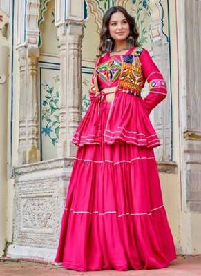 NAVRATRI WEAR PINK COTTON RIBBON LACE WORK LEHENGA CHOLI KOTI SET FULL STITCHED 1