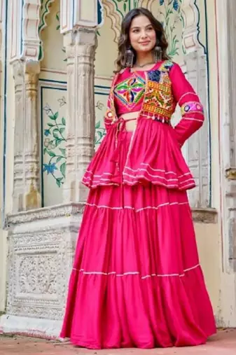 NAVRATRI WEAR PINK COTTON RIBBON LACE WORK LEHENGA CHOLI KOTI SET FULL STITCHED.