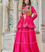 NAVRATRI WEAR PINK COLOR COTTON RIBBON LACE WORK LEHENGA CHOLI KOTI SET FULL STITCHED.