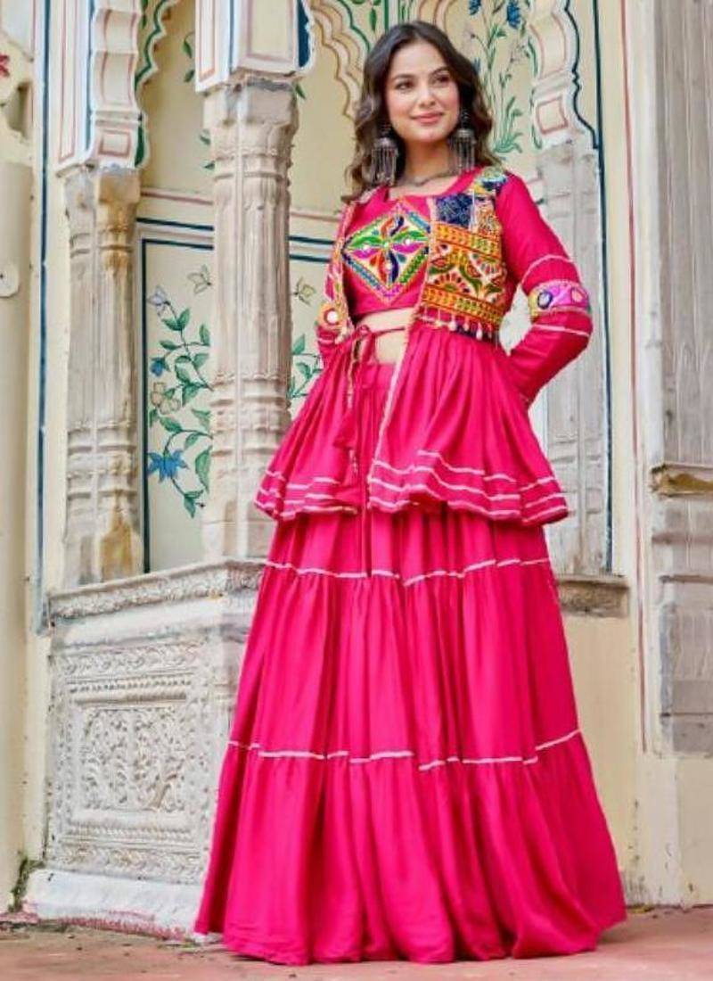 NAVRATRI WEAR PINK COLOR COTTON RIBBON LACE WORK LEHENGA CHOLI KOTI SET FULL STITCHED.