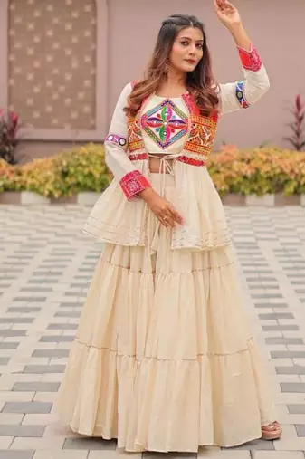 NAVRATRI WEAR WHITE COTTON RIBBON LACE WORK LEHENGA CHOLI KOTI SET FULL STITCHED