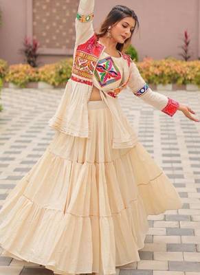 NAVRATRI  WHITE COTTON RIBBON LACE WORK LEHENGA CHOLI KOTI SET FULL STITCHED 4
