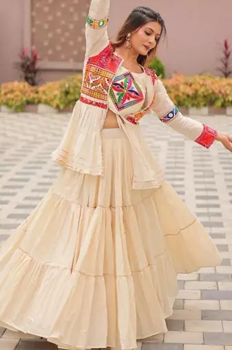 NAVRATRI WEAR WHITE COTTON RIBBON LACE WORK LEHENGA CHOLI KOTI SET FULL STITCHED