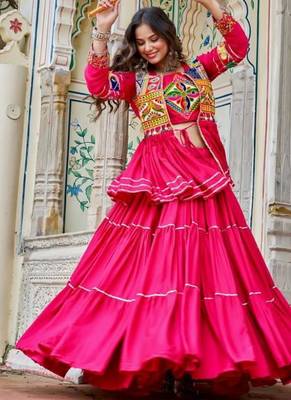 NAVRATRI WEAR PINK COTTON RIBBON LACE WORK LEHENGA CHOLI KOTI SET FULL STITCHED 2