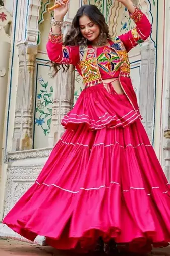 NAVRATRI WEAR PINK COTTON RIBBON LACE WORK LEHENGA CHOLI KOTI SET FULL STITCHED.