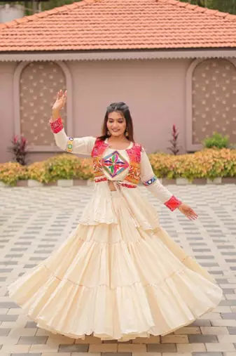 NAVRATRI WEAR WHITE COTTON RIBBON LACE WORK LEHENGA CHOLI KOTI SET FULL STITCHED