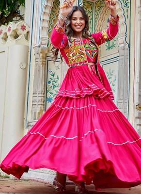 NAVRATRI WEAR PINK COTTON RIBBON LACE WORK LEHENGA CHOLI KOTI SET FULL STITCHED 3