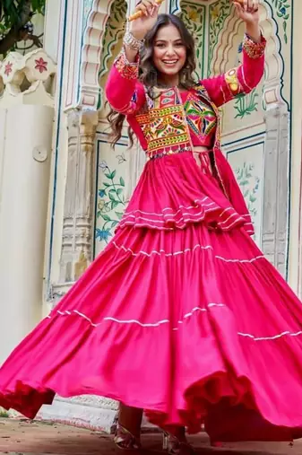NAVRATRI WEAR PINK COTTON RIBBON LACE WORK LEHENGA CHOLI KOTI SET FULL STITCHED.