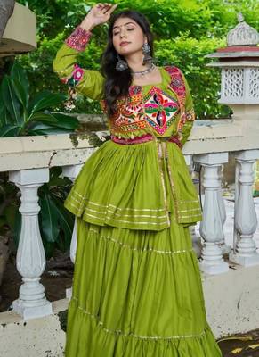 NAVRATRI WEAR GREEN COTTON RIBBON LACE WORK LEHENGA CHOLI KOTI SET FULL STITCHED 1