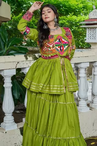 NAVRATRI WEAR GREEN COTTON RIBBON LACE WORK LEHENGA CHOLI KOTI SET FULL STITCHED