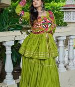 NAVRATRI WEAR GREEN COLOR COTTON RIBBON LACE WORK LEHENGA CHOLI KOTI SET FULL STITCHED.