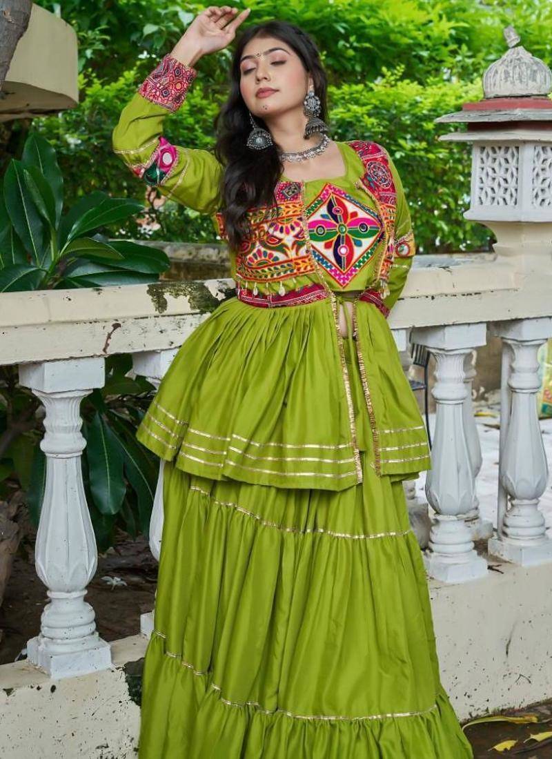 NAVRATRI WEAR GREEN COLOR COTTON RIBBON LACE WORK LEHENGA CHOLI KOTI SET FULL STITCHED.