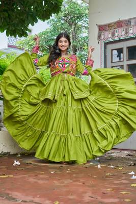 NAVRATRI WEAR GREEN COTTON RIBBON LACE WORK LEHENGA CHOLI KOTI SET FULL STITCHED 2