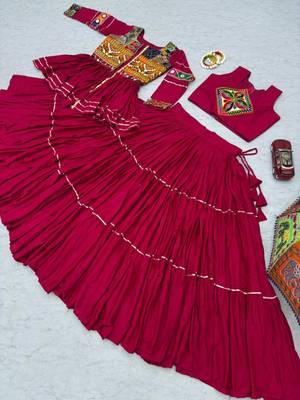 NAVRATRI WEAR PINK COTTON RIBBON LACE WORK LEHENGA CHOLI KOTI SET FULL STITCHED 5
