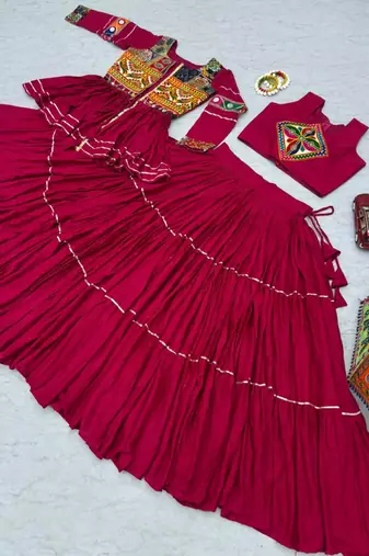 NAVRATRI WEAR PINK COTTON RIBBON LACE WORK LEHENGA CHOLI KOTI SET FULL STITCHED.