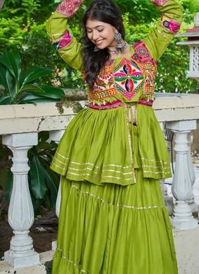 NAVRATRI WEAR GREEN COTTON RIBBON LACE WORK LEHENGA CHOLI KOTI SET FULL STITCHED 3