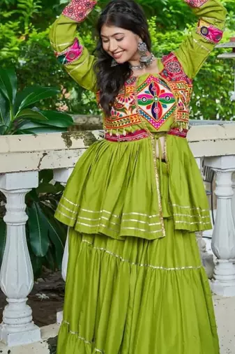 NAVRATRI WEAR GREEN COTTON RIBBON LACE WORK LEHENGA CHOLI KOTI SET FULL STITCHED