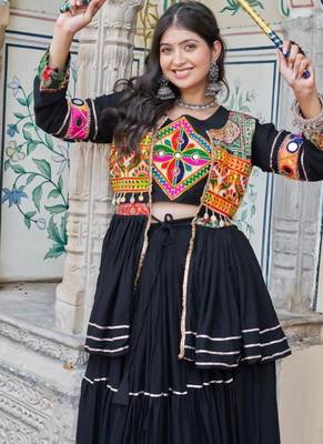 NAVRATRI WEAR BLACK COTTON RIBBON LACE WORK LEHENGA CHOLI KOTI SET FULL STITCHED 1