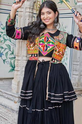 NAVRATRI WEAR BLACK COTTON RIBBON LACE WORK LEHENGA CHOLI KOTI SET FULL STITCHED