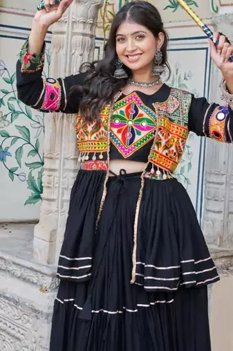 NAVRATRI WEAR BLACK COTTON RIBBON LACE WORK LEHENGA CHOLI KOTI SET FULL STITCHED