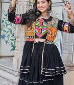 NAVRATRI WEAR BLACK COLOR COTTON RIBBON LACE WORK LEHENGA CHOLI KOTI SET FULL STITCHED.
