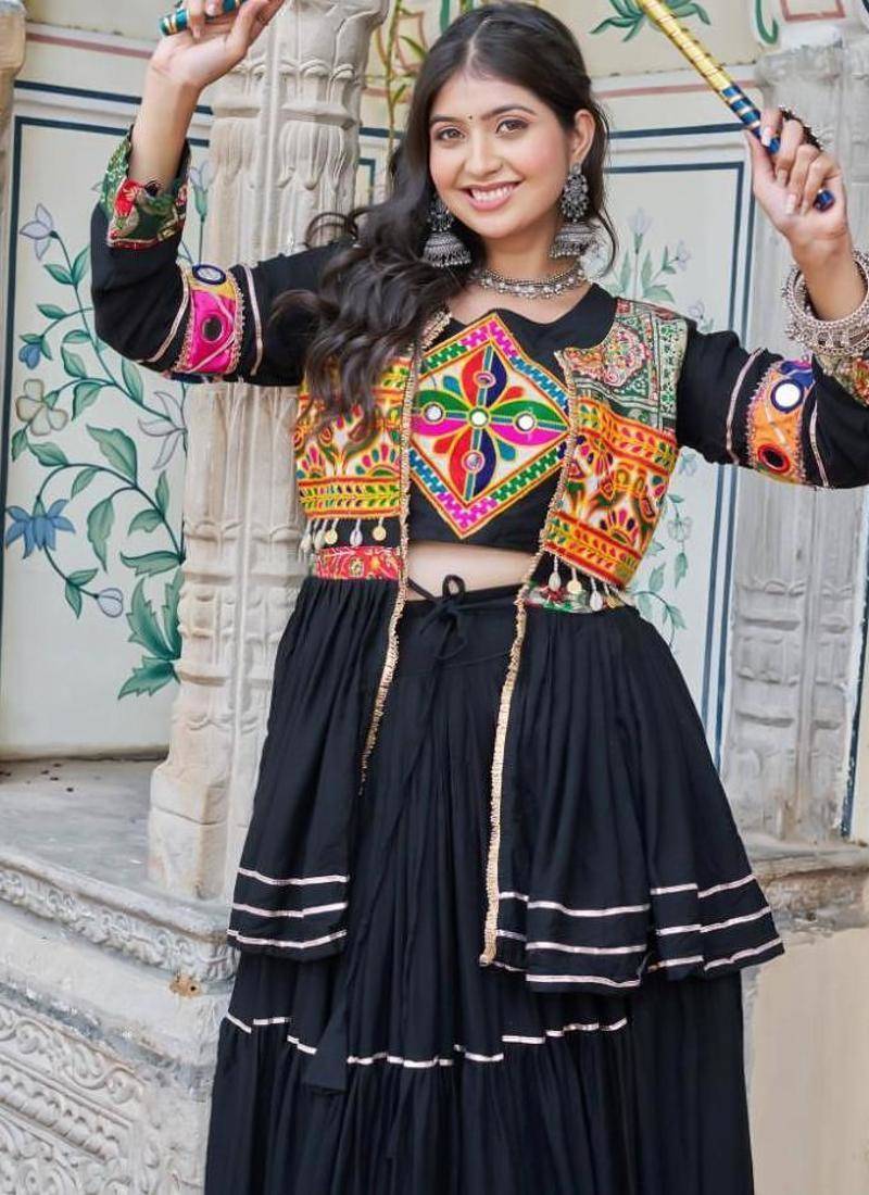 NAVRATRI WEAR BLACK COLOR COTTON RIBBON LACE WORK LEHENGA CHOLI KOTI SET FULL STITCHED.