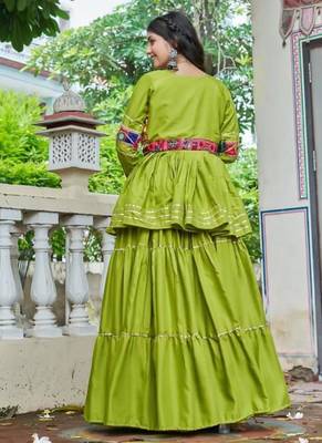 NAVRATRI WEAR GREEN COTTON RIBBON LACE WORK LEHENGA CHOLI KOTI SET FULL STITCHED 4