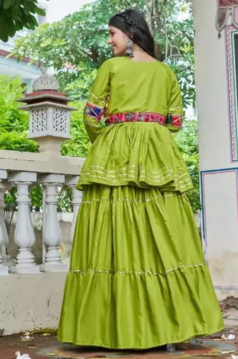 NAVRATRI WEAR GREEN COTTON RIBBON LACE WORK LEHENGA CHOLI KOTI SET FULL STITCHED