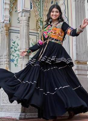 NAVRATRI WEAR BLACK COTTON RIBBON LACE WORK LEHENGA CHOLI KOTI SET FULL STITCHED 3