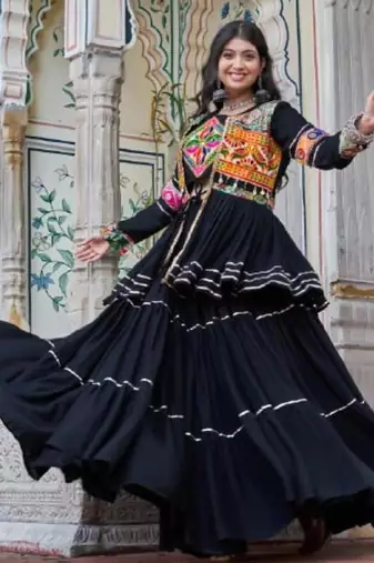 NAVRATRI WEAR BLACK COTTON RIBBON LACE WORK LEHENGA CHOLI KOTI SET FULL STITCHED