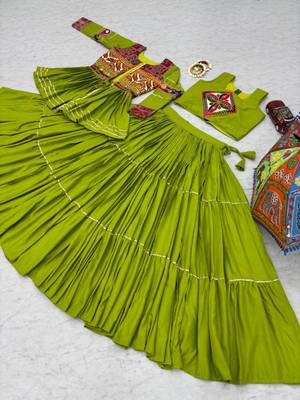 NAVRATRI WEAR GREEN COTTON RIBBON LACE WORK LEHENGA CHOLI KOTI SET FULL STITCHED 5
