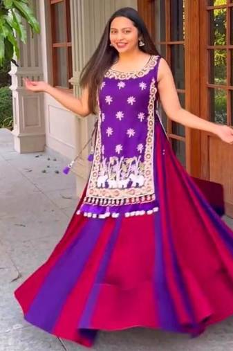 NAVRATRI WEAR BLUE-PINK VICHITRA SILK FLARED SOLID LEHENGA CHOLI SHRUG FULL STITCHED