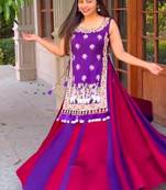 NAVRATRI WEAR BLUE-PINK COLOR VICHITRA SILK FLARED SOLID LEHENGA CHOLI SHRUG FULL STITCHED.