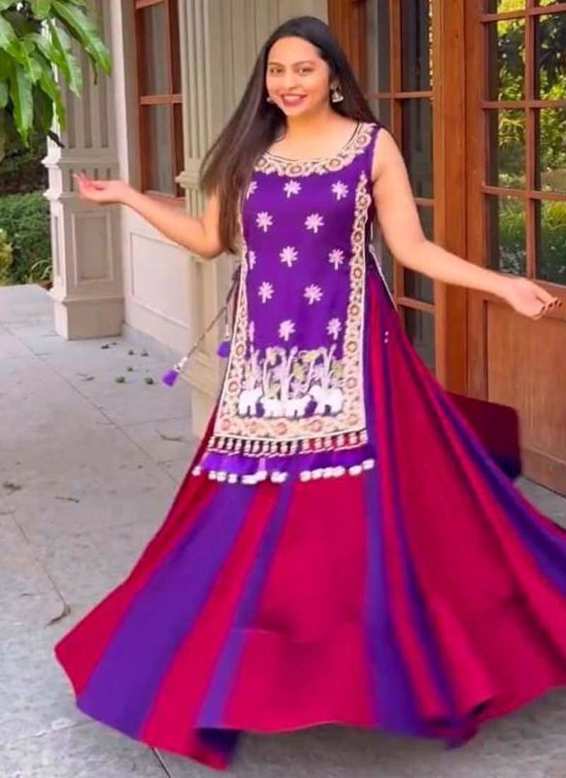 NAVRATRI WEAR BLUE-PINK COLOR VICHITRA SILK FLARED SOLID LEHENGA CHOLI SHRUG FULL STITCHED.