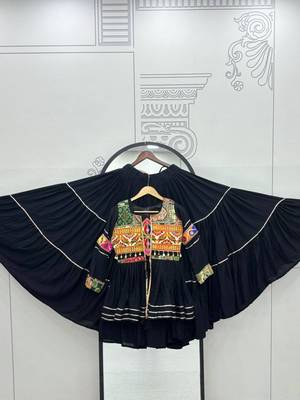 NAVRATRI WEAR BLACK COTTON RIBBON LACE WORK LEHENGA CHOLI KOTI SET FULL STITCHED 4