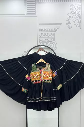 NAVRATRI WEAR BLACK COTTON RIBBON LACE WORK LEHENGA CHOLI KOTI SET FULL STITCHED