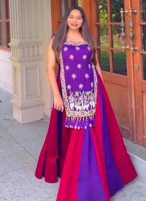 NAVRATRI  BLUE-PINK VICHITRA SILK FLARED SOLID LEHENGA CHOLI SHRUG FULL STITCHED 2