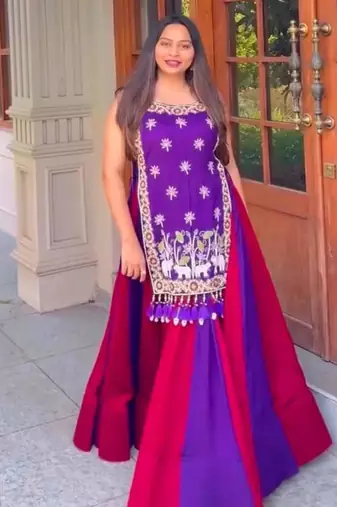 NAVRATRI WEAR BLUE-PINK VICHITRA SILK FLARED SOLID LEHENGA CHOLI SHRUG FULL STITCHED