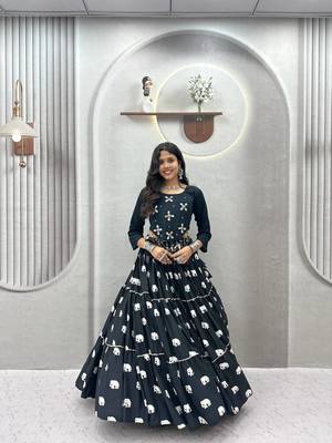NAVRATRI  BLACK PURE COTTON RIBBON WORK LEHENGA TOP FULL STITCHED 1