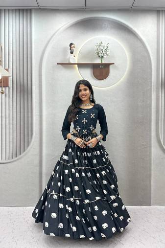 NAVRATRI  BLACK PURE COTTON RIBBON WORK LEHENGA TOP FULL STITCHED