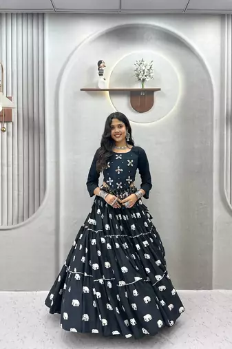 NAVRATRI WEAR BLACK PURE COTTON RIBBON WORK LEHENGA TOP FULL STITCHED