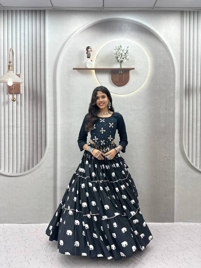 NAVRATRI WEAR BLACK COLOR PURE COTTON RIBBON WORK LEHENGA TOP FULL STITCHED