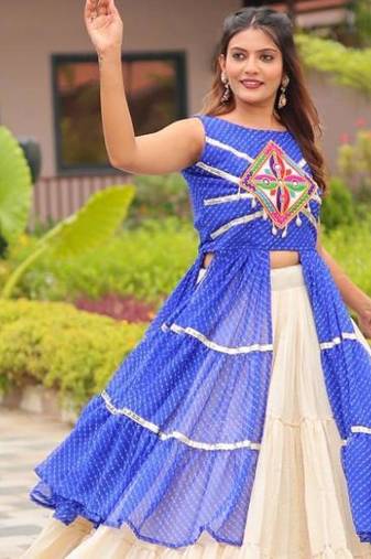 blue printed pure cotton navratri lehenga with shrug 