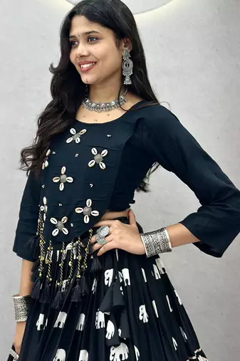 NAVRATRI WEAR BLACK PURE COTTON RIBBON WORK LEHENGA TOP FULL STITCHED